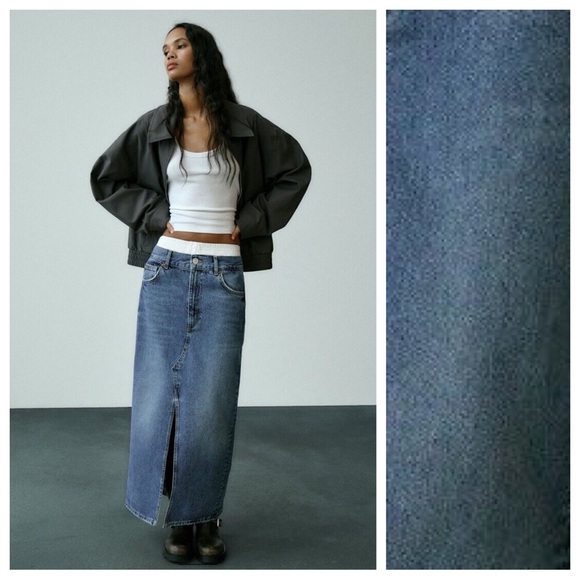 NWT. Zara Blue Low-Rise TRF Denim Maxi Skirt with Boxer Detail. Size S. - Picture 1 of 13